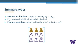 > Feature attribution: output scores 𝒂 𝟏, 𝒂 𝟐, … , 𝒂 𝒅
> E.g., remove individual, include individual
> Feature selection: output influential set 𝑺∗ ⊆ 𝟏, 𝟐, … , 𝒅
Summary types
 