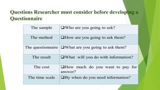 Questions Researcher must consider before developing a
Questionnaire
 