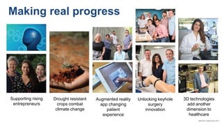 Making real progress
Drought resistant
crops combat
climate change
Supporting rising
entrepreneurs
Augmented reality
app changing
patient
experience
Unlocking keyhole
surgery
innovation
3D technologies
add another
dimension to
healthcare
 