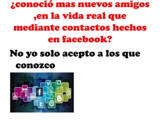 ¿conoció mas nuevos amigos
,en la vida real que
mediante contactos hechos
en facebook?
No yo solo acepto a los que
conozco

 