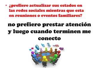 • ¿prefiere actualizar sus estados en
las redes sociales mientras que esta
en reuniones o eventos familiares?

no prefiero prestar atención
y luego cuando terminen me
conecto

 