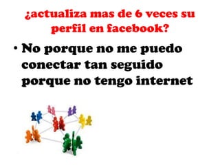 ¿actualiza mas de 6 veces su
perfil en facebook?

• No porque no me puedo
conectar tan seguido
porque no tengo internet

 