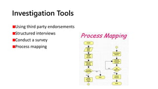 Investigation Tools
Using third party endorsements
Structured interviews
Conduct a survey
Process mapping
 