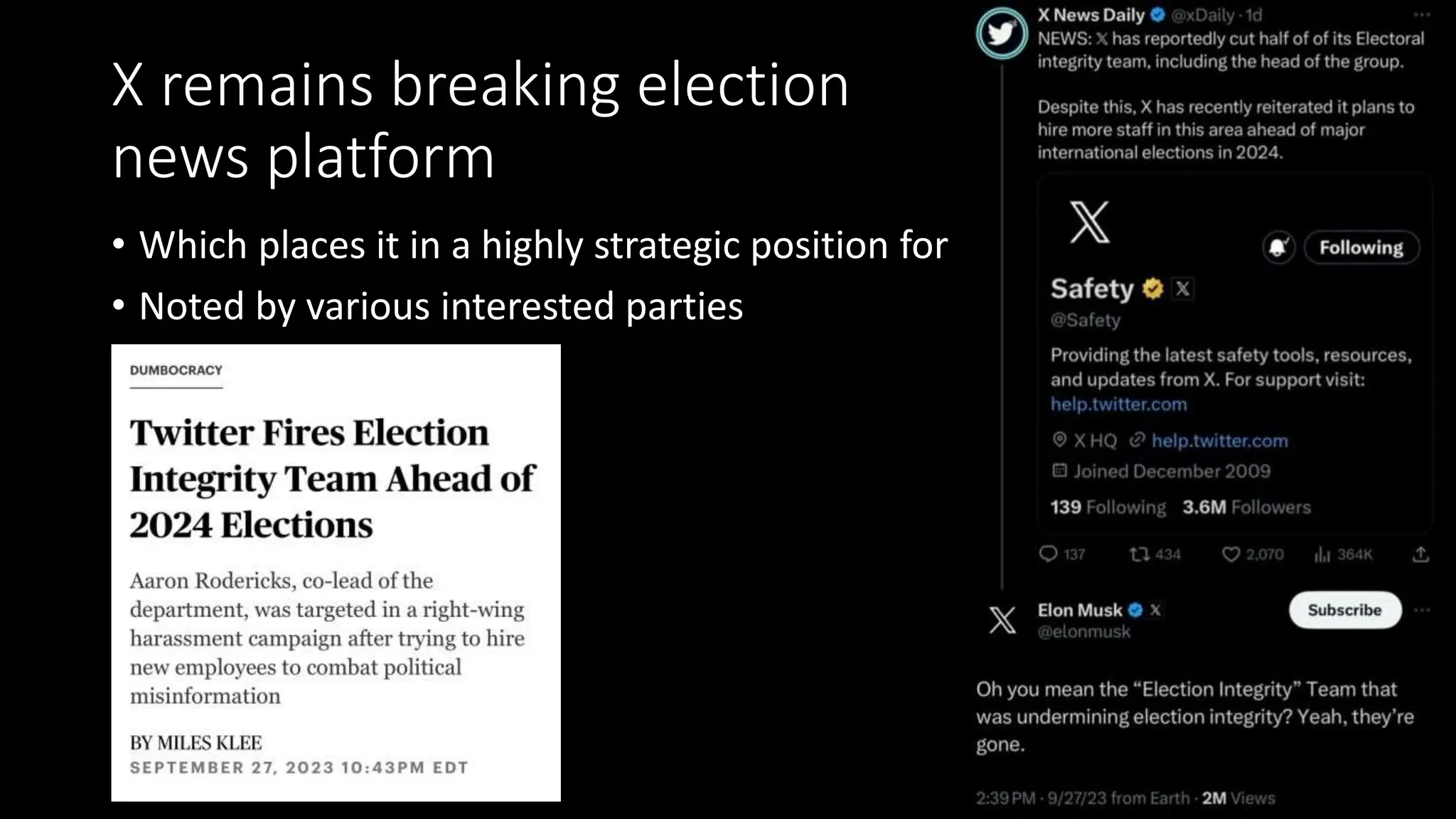 X remains breaking election
news platform
• Which places it in a highly strategic position for disinformation
• Noted by various interested parties
 