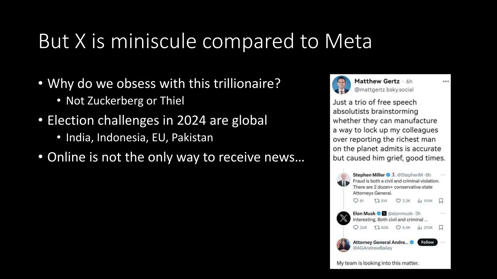 But X is miniscule compared to Meta
• Why do we obsess with this trillionaire?
• Not Zuckerberg or Thiel
• Election challenges in 2024 are global
• India, Indonesia, EU, Pakistan
• Online is not the only way to receive news…
 