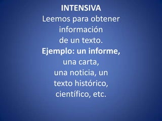 INTENSIVALeemos para obtenerinformaciónde un texto.Ejemplo: un informe,una carta,una noticia, untexto histórico,científico, etc.