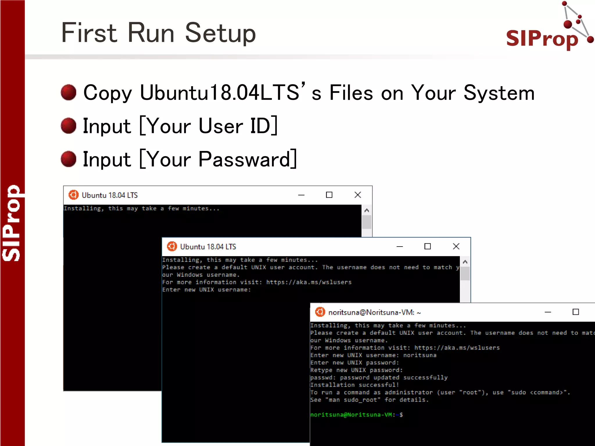 SIProp Project, 2006-2019 9
First Run Setup
Copy Ubuntu18.04LTS’s Files on Your System
Input [Your User ID]
Input [Your Passward]
 