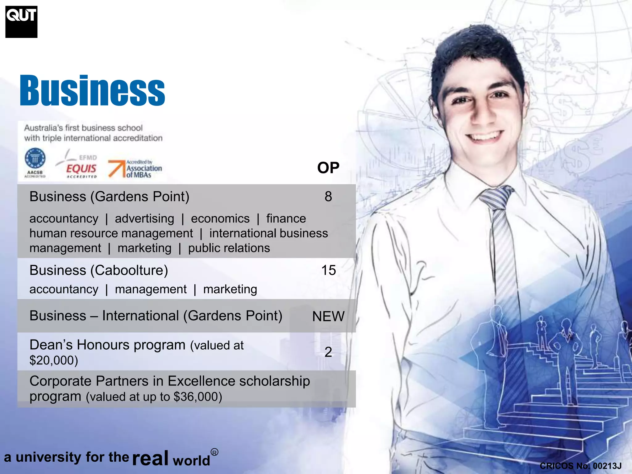 OP 
Business 
Business (Gardens Point) 8 
accountancy | advertising | economics | finance 
human resource management | international business 
management | marketing | public relations 
Business (Caboolture) 
accountancy | management | marketing 
15 
Business – International (Gardens Point) NEW 
Dean’s Honours program (valued at 
$20,000) 
2 
Corporate Partners in Excellence scholarship 
program (valued at up to $36,000) 
CRICOS No. 00213J 
a university for thereal world 
R 
 