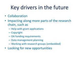 Key drivers in the future
• Collaboration
• Impacting along more parts of the research
  chain, such as
  –   Help with grant applications
  –   Copyright
  –   OA funding requirements
  –   Data management planning
  –   Working with research groups (embedded)
• Looking for new opportunities
 