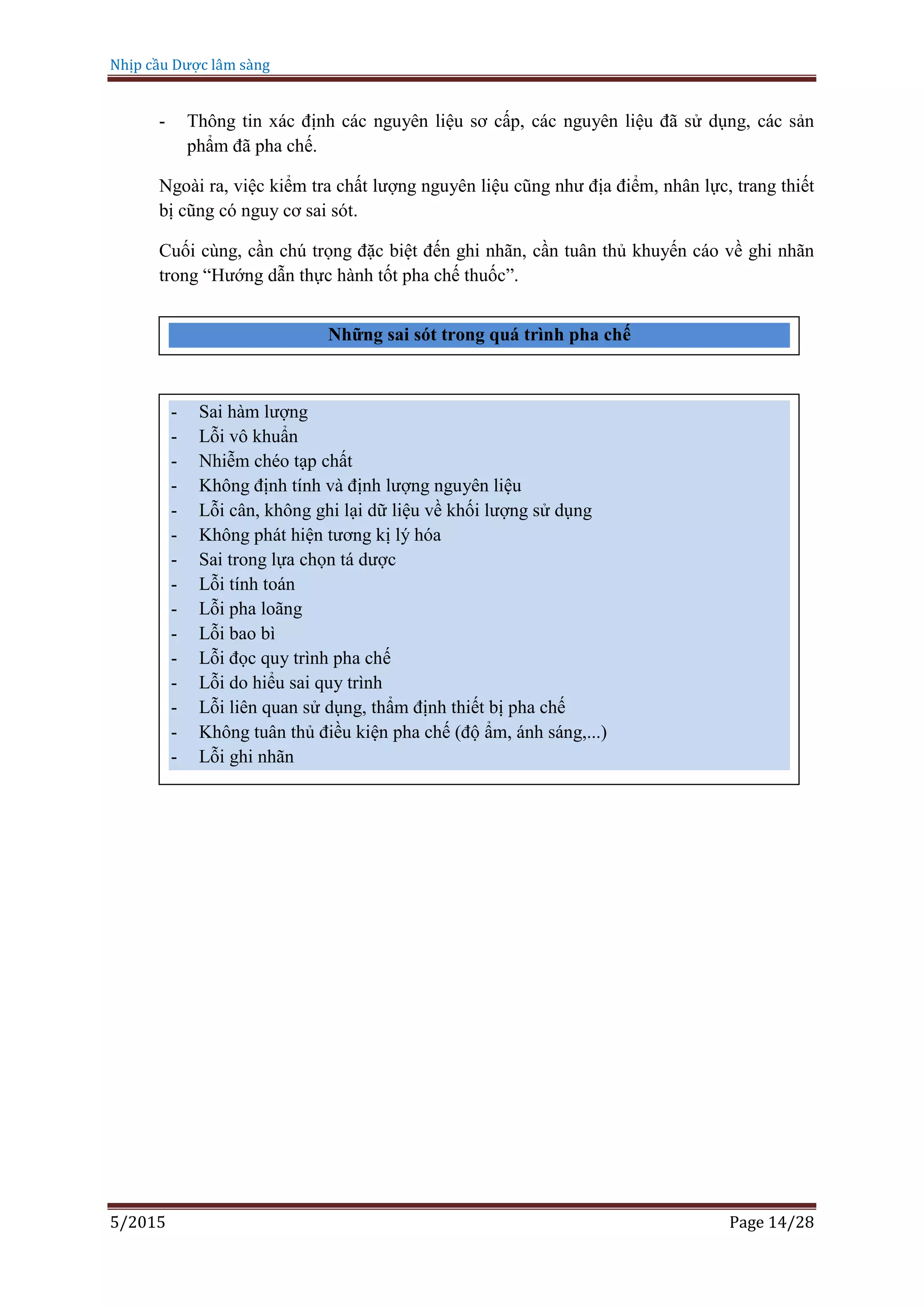 Nhịp cầu Dược lâm sàng
5/2015 Page 14/28
- Thông tin xác định các nguyên liệu sơ cấp, các nguyên liệu đã sử dụng, các sản
phẩm đã pha chế.
Ngoài ra, việc kiểm tra chất lượng nguyên liệu cũng như địa điểm, nhân lực, trang thiết
bị cũng có nguy cơ sai sót.
Cuối cùng, cần chú trọng đặc biệt đến ghi nhãn, cần tuân thủ khuyến cáo về ghi nhãn
trong “Hướng dẫn thực hành tốt pha chế thuốc”.
Những sai sót trong quá trình pha chế
- Sai hàm lượng
- Lỗi vô khuẩn
- Nhiễm chéo tạp chất
- Không định tính và định lượng nguyên liệu
- Lỗi cân, không ghi lại dữ liệu về khối lượng sử dụng
- Không phát hiện tương kị lý hóa
- Sai trong lựa chọn tá dược
- Lỗi tính toán
- Lỗi pha loãng
- Lỗi bao bì
- Lỗi đọc quy trình pha chế
- Lỗi do hiểu sai quy trình
- Lỗi liên quan sử dụng, thẩm định thiết bị pha chế
- Không tuân thủ điều kiện pha chế (độ ẩm, ánh sáng,...)
- Lỗi ghi nhãn
 