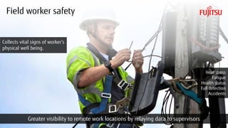 Copyright 2017 FUJITSU
Field worker safety
13
Collects vital signs of worker’s
physical well being.
Greater visibility to remote work locations by relaying data to supervisors
Heat stress
Fatigue
Health status
Fall detection
Accidents
 