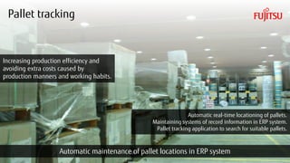 Copyright 2017 FUJITSU
Pallet tracking
15
Automatic real-time locationing of pallets.
Maintaining systems of record information in ERP system.
Pallet tracking application to search for suitable pallets.
Automatic maintenance of pallet locations in ERP system
Increasing production efficiency and
avoiding extra costs caused by
production manners and working habits.
 