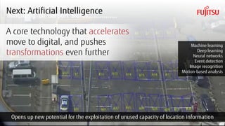 Copyright 2017 FUJITSU
Next: Artificial Intelligence
Opens up new potential for the exploitation of unused capacity of location information
A core technology that accelerates
move to digital, and pushes
transformations even further
Machine learning
Deep learning
Neural networks
Event detection
Image recognition
Motion-based analysis
 