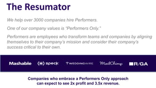 We help over 3000 companies hire Performers.
One of our company values is “Performers Only.”
Performers are employees who transform teams and companies by aligning
themselves to their company’s mission and consider their company’s
success critical to their own.
The Resumator
Companies who embrace a Performers Only approach
can expect to see 2x profit and 3.5x revenue.
 