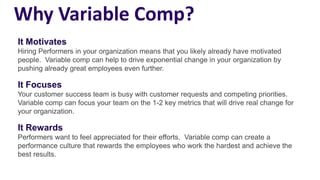 Why Variable Comp?
It Motivates
Hiring Performers in your organization means that you likely already have motivated
people. Variable comp can help to drive exponential change in your organization by
pushing already great employees even further.
It Focuses
Your customer success team is busy with customer requests and competing priorities.
Variable comp can focus your team on the 1-2 key metrics that will drive real change for
your organization.
It Rewards
Performers want to feel appreciated for their efforts. Variable comp can create a
performance culture that rewards the employees who work the hardest and achieve the
best results.
 