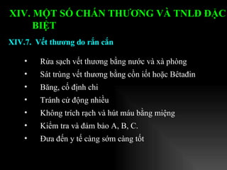 Rửa sạch vết thương bằng nước và xà phòng Sát trùng vết thương bằng cồn iốt hoặc Bêtađin Băng, cố định chi Tránh cử động nhiều Không trích rạch và hút máu bằng miệng Kiểm tra và đảm bảo A, B, C. Đưa đến y tế càng sớm càng tốt XIV.7.  Vết thương do rắn cắn XIV. MỘT SỐ CHẤN THƯƠNG VÀ TNLĐ ĐẶC BIỆT   
