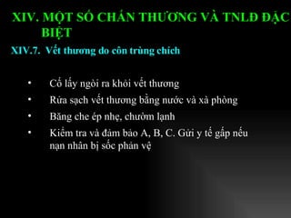 Cố lấy ngòi ra khỏi vết thương Rửa sạch vết thương bằng nước và xà phòng Băng che ép nhẹ, chườm lạnh Kiểm tra và đảm bảo A, B, C. Gửi y tế gấp nếu nạn nhân bị sốc phản vệ XIV.7.  Vết thương do côn trùng chích XIV. MỘT SỐ CHẤN THƯƠNG VÀ TNLĐ ĐẶC BIỆT   