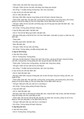 - Thành phần: Các thành viên trong khoa, phòng.
- Thời gian: Chiều thứ sáu của tuần cuối tháng, họp không quá một giờ.
- Ghi sổ họp: Y tá (điều dưỡng) trưởng khoa, viên chức của phòng.
b. Họp cán bộ chủ chốt toàn bệnh viện:
- Chủ trì: Giám đốc bệnh viện.
- Nội dung: Kiểm điểm công tác trong tháng và bàn kế hoạch công tác tháng sau.
- Thành phần: Giám đốc, phó giám đốc, trưởng khoa, trưởng phòng, phó trưởng khoa, phó trưởng
phòng và mời Bí thư Đảng ủy, Chủ tịch Công đoàn, Bí thư đoàn thanh niên tham dự.
- Thời gian: Chiều thứ hai của tuần cuối tháng ngay sau khi họp giao ban giám đốc bệnh viện: họp
không quá một giờ.
- Ghi sổ họp: Trưởng phòng kế hoạch tổng hợp.
c. Họp hội đồng người bệnh cấp bệnh viện.
- Chủ trì: Chủ tịch hội đồng người bệnh cấp bệnh viện.
- Nội dung: Đóng góp cụ thể về tổ chức, tình hình khám bệnh, chữa bệnh và phục vụ chăm sóc của
bệnh viện.
- Thành phần:
- Hội đồng người bệnh cấp bệnh viện.
- Giám đốc bệnh viện.
- Thời gian: Chiều thứ sáu tuần cuối tháng.
- Ghi sổ họp: Trưởng phòng y tá (điều dưỡng) bệnh viện.
4. Họp sơ kết 6 tháng:
a. Họp toàn khoa, phòng
- Chủ trì: Trưởng khoa, trưởng phòng.
- Nội dung: Sơ kết công tác 6 tháng, bình danh hiệu thi đua, xây dựng kế hoạch công tác 6 tháng
cuối năm, trưởng khoa, trưởng phòng làm báo cáo gửi lên giám đốc bệnh viện.
- Thành phần: Trưởng khoa, trưởng phòng, các thành viên trong khoa, phòng.
- Thời gian: Chiều thứ sáu tuần thứ ba của tháng 6.
- Ghi sổ họp: Y tá (điều dưỡng) trưởng khoa, viên chức của phòng.
b. Họp cán bộ chủ chốt toàn bệnh viện.
- Chủ trì: Giám đốc bệnh viện.
- Nội dung: Kiểm điểm công tác 6 tháng đầu năm và bàn kế hoạch công tác 6 tháng cuối năm, xét
duyệt thi đua.
- Thành phần: Giám đốc, Phó giám đốc, trưởng khoa, trưởng phòng, phó trưởng khoa, phó trưởng
phòng và mời Bí thư Đảng ủy, Chủ tịch Công đoàn, Bí thư Đoàn thanh niên dự.
- Thời gian: Một buổi chiều vào tuần thứ tư của tháng 6.
- Ghi sổ họp: Trưởng phòng phòng kế hoạch tổng hợp.
c. Họp toàn bệnh viện:
- Chủ trì: Giám đốc bệnh viện.
- Nội dung: Giám đốc sơ kết công tác 6 tháng đầu năm, công bố danh hiệu thi đua, phổ biến kế hoạch
công tác 6 tháng cuối năm, phát động thi đua.
- Thành phần: Cán bộ chủ chốt và đại biểu đại diện các thành viên các khoa, phòng và mời bí thư
đảng ủy, Chủ tịch công đoàn, bí thư đoàn thanh niên dự.
- Thời gian: Một buổi chiều vào tuần thứ tư của tháng 6.
- Ghi sổ họp: Trưởng phòng kế hoạch tổng hợp.
5. Họp tổng kết năm:
a. Họp toàn khoa, phòng
- Chủ trì: Trưởng khoa, trưởng phòng.
 