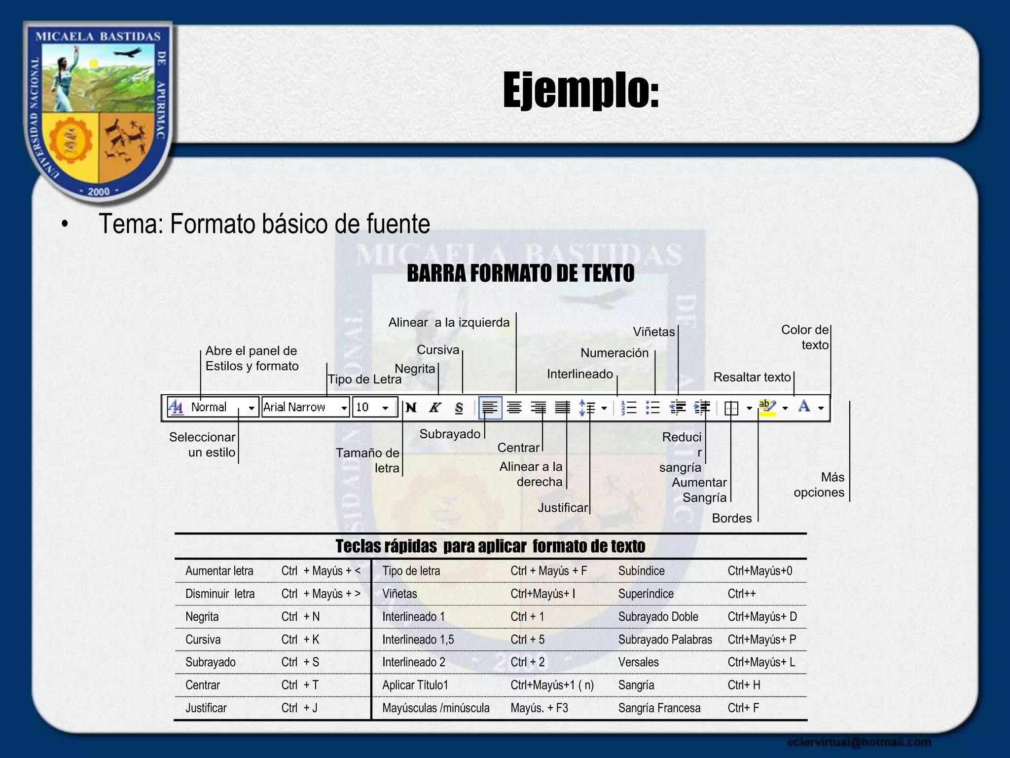 Ejemplo:
• Tema: Formato básico de fuente
Abre el panel de
Estilos y formato
Seleccionar
un estilo
Tipo de Letra
Tamaño de
letra
Negrita
Cursiva
Subrayado
Alinear a la izquierda
Centrar
Alinear a la
derecha
Justificar
Interlineado
Numeración
Viñetas
Reduci
r
sangría
Aumentar
Sangría
Bordes
Resaltar texto
Color de
texto
Más
opciones
Teclas rápidas para aplicar formato de texto
Aumentar letra Ctrl + Mayús + < Tipo de letra Ctrl + Mayús + F Subíndice Ctrl+Mayús+0
Disminuir letra Ctrl + Mayús + > Viñetas Ctrl+Mayús+ I Superíndice Ctrl++
Negrita Ctrl + N Interlineado 1 Ctrl + 1 Subrayado Doble Ctrl+Mayús+ D
Cursiva Ctrl + K Interlineado 1,5 Ctrl + 5 Subrayado Palabras Ctrl+Mayús+ P
Subrayado Ctrl + S Interlineado 2 Ctrl + 2 Versales Ctrl+Mayús+ L
Centrar Ctrl + T Aplicar Título1 Ctrl+Mayús+1 ( n) Sangría Ctrl+ H
Justificar Ctrl + J Mayúsculas /minúscula Mayús. + F3 Sangría Francesa Ctrl+ F
BARRA FORMATO DE TEXTO
 