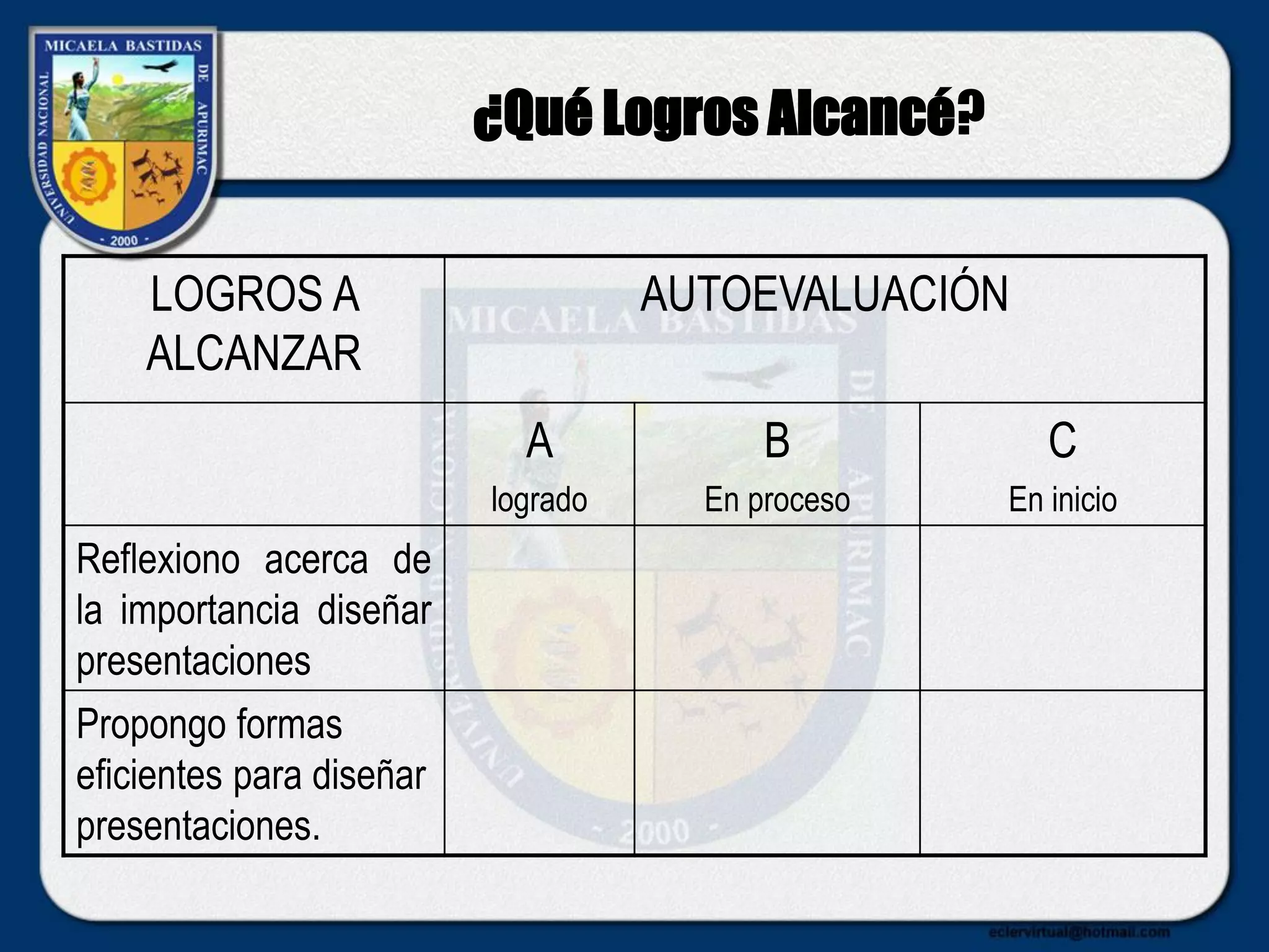¿Qué Logros Alcancé?
LOGROS A
ALCANZAR
AUTOEVALUACIÓN
A
logrado
B
En proceso
C
En inicio
Reflexiono acerca de
la importancia diseñar
presentaciones
Propongo formas
eficientes para diseñar
presentaciones.
 
