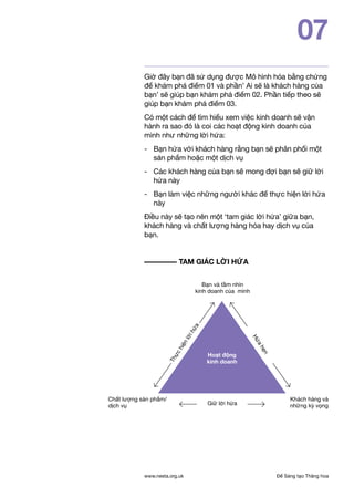 Để Sáng tạo Thăng hoawww.nesta.org.uk
07
Chất lượng sản phẩm/
dịch vụ Giữ lời hứa
Thựchiệnlờihứa
Hứahẹn
Khách hàng và
những kỳ vọng
Hoạt động
kinh doanh
Bạn và tầm nhìn
kinh doanh của mình
Giờ đây bạn đã sử dụng được Mô hình hóa bằng chứng
để khám phá điểm 01 và phần’ Ai sẽ là khách hàng của
bạn’ sẽ giúp bạn khám phá điểm 02. Phần tiếp theo sẽ
giúp bạn khám phá điểm 03.
Có một cách để tìm hiểu xem việc kinh doanh sẽ vận
hành ra sao đó là coi các hoạt động kinh doanh của
mình như những lời hứa:
- 	 Bạn hứa với khách hàng rằng bạn sẽ phân phối một
sản phẩm hoặc một dịch vụ
- 	Các khách hàng của bạn sẽ mong đợi bạn sẽ giữ lời
hứa này
- 	 Bạn làm việc những người khác để thực hiện lời hứa
này
Điều này sẽ tạo nên một ‘tam giác lời hứa’ giữa bạn,
khách hàng và chất lượng hàng hóa hay dịch vụ của
bạn.
––––––––– Tam giác lời hứa
 