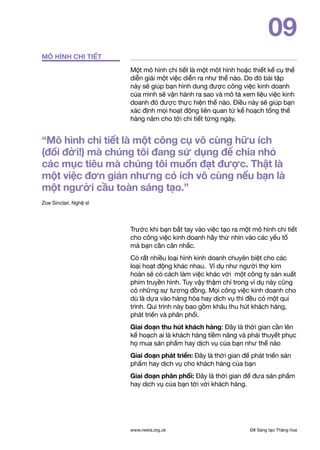 Để Sáng tạo Thăng hoawww.nesta.org.uk
09
Một mô hình chi tiết là một môt hình hoặc thiết kế cụ thể
diễn giải một việc diễn ra như thế nào. Do đó bài tập
này sẽ giúp bạn hình dung được công việc kinh doanh
của mình sẽ vận hành ra sao và mô tả xem liệu việc kinh
doanh đó được thực hiện thế nào. Điều này sẽ giúp bạn
xác định mọi hoạt động liên quan từ kế hoạch tổng thể
hàng năm cho tới chi tiết từng ngày.
Trước khi bạn bắt tay vào việc tạo ra một mô hình chi tiết
cho công việc kinh doanh hãy thử nhìn vào các yếu tố
mà bạn cần cân nhắc.
Có rất nhiều loại hình kinh doanh chuyên biệt cho các
loại hoạt động khác nhau. Ví dụ như người thợ kim
hoàn sẽ có cách làm việc khác với một công ty sản xuất
phim truyền hình. Tuy vậy thậm chí trong ví dụ này cũng
có những sự tương đồng. Mọi công việc kinh doanh cho
dù là dựa vào hàng hóa hay dịch vụ thì đều có một qui
trình. Qui trình này bao gồm khâu thu hút khách hàng,
phát triển và phân phối.
Giai đoạn thu hút khách hàng: Đây là thời gian cần lên
kế hoạch ai là khách hàng tiềm năng và phải thuyết phục
họ mua sản phẩm hay dịch vụ của bạn như thế nào
Giai đoạn phát triển: Đây là thời gian để phát triển sản
phẩm hay dịch vụ cho khách hàng của bạn
Giai đoạn phân phối: Đây là thời gian để đưa sản phẩm
hay dịch vụ của bạn tới với khách hàng.
MÔ HÌNH CHI TIẾT
“Mô hình chi tiết là một công cụ vô cùng hữu ích
(đổi đời!) mà chúng tôi đang sử dụng để chia nhỏ
các mục tiêu mà chúng tôi muốn đạt được. Thật là
một việc đơn giản nhưng có ích vô cùng nếu bạn là
một người cầu toàn sáng tạo.”
Zoe Sinclair, Nghệ sĩ
 
