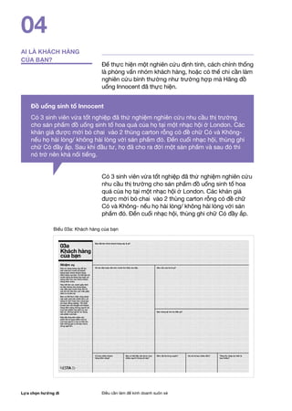 Lựa chọn hướng đi Điều cần làm để kinh doanh suôn xẻ
04
AI LÀ KHÁCH HÀNG
CỦA BẠN?
Để thực hiện một nghiên cứu định tính, cách chính thống
là phỏng vấn nhóm khách hàng, hoặc có thể chỉ cần làm
nghiên cứu bình thường như trường hợp mà Hãng đồ
uống Innocent đã thực hiện.
Có 3 sinh viên vừa tốt nghiệp đã thử nghiệm nghiên cứu
nhu cầu thị trường cho sản phẩm đồ uống sinh tố hoa
quả của họ tại một nhạc hội ở London. Các khán giả
được mời bỏ chai vào 2 thùng carton rỗng có đề chữ
Có và Không- nếu họ hài lòng/ không hài lòng với sản
phẩm đó. Đến cuối nhạc hội, thùng ghi chữ Có đầy ắp.
Đồ uống sinh tố Innocent
Có 3 sinh viên vừa tốt nghiệp đã thử nghiệm nghiên cứu nhu cầu thị trường
cho sản phẩm đồ uống sinh tố hoa quả của họ tại một nhạc hội ở London. Các
khán giả được mời bỏ chai vào 2 thùng carton rỗng có đề chữ Có và Không-
nếu họ hài lòng/ không hài lòng với sản phẩm đó. Đến cuối nhạc hội, thùng ghi
chữ Có đầy ắp. Sau khi đầu tư, họ đã cho ra đời một sản phẩm và sau đó thì
nó trở nên khá nổi tiếng.
Biểu 03a: Khách hàng của bạn
Nhu cầu của họ là gì?
Bạn mang lại cho họ điều gì?
Có bao nhiêu khách
hàng tiềm năng?
Bạn có thể tiếp cận được bao
nhiêu người trong số này?
Mức độ thường xuyên? Họ sẽ trả bao nhiêu tiền? Tổng thu nhập dự kiến là
bao nhiêu?
Bạn đặt tên nhóm khách hàng này là gì?
Vẽ vào đây hoặc dán bức tranh tìm thấy vào đây.
Nhiệm vụ
Hãy sử dụng bảng này để tạo
nên một bức tranh về khách
hàng hoặc nhóm khách hàng
tiềm năng của bạn. Có thể bạn sẽ
muốn dùng lại bảng này hoặc sử
dụng mẫu cho các nhóm khách
hàng khác nhau.
Hãy viết lên các mảnh giấy dính
và dán chúng vào trong bảng
này. Nếu bạn muốn thay đổi về
sau thì chỉ cần bóc các mẩu giấy
dính ra và làm lại.
Bạn có thể thực hiện công đoạn
này một cách phi chính thức sử
dụng trí nhớ hoặc làm cùng bạn
bè hoặc đồng nghiệp. Tốt nhất
là bạn nên nói chuyện với khách
hàng tiềm năng những người sẽ
mua sản phẩm hay dịch vụ của
bạn và những người sử dụng
sản phẩm của bạn.
Hãy sẵn lòng đón nhận các
phản hồi và quan điểm mới lạ
của mọi người vì họ có thể cho
bạn những gợi ý mà bạn chưa
từng nghĩ tới.
Khách hàng
của bạn
03a
 