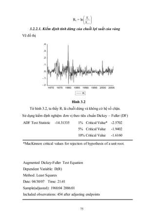 75
Rt = ln 





1t
t
S
S
3.2.2.1. Kiểm định tính dừng của chuỗi lợi suất của vàng
Vẽ đồ thị
Hình 3.2
Từ hình 3.2, ta thấy Rt là chuỗi dừng và không có hệ số chặn.
Sử dụng kiểm định nghiệm đơn vị theo tiêu chuẩn Dickey – Fuller (DF)
ADF Test Statistic -14.31335 1% Critical Value* -2.5702
5% Critical Value -1.9402
10% Critical Value -1.6160
*MacKinnon critical values for rejection of hypothesis of a unit root.
Augmented Dickey-Fuller Test Equation
Dependent Variable: D(R)
Method: Least Squares
Date: 04/30/07 Time: 21:41
Sample(adjusted): 1968:04 2006:01
Included observations: 454 after adjusting endpoints
 