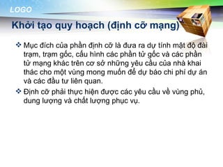LOGO

Khởi tạo quy hoạch (định cỡ mạng)
  Mục đích của phần định cỡ là đưa ra dự tính mật độ đài
   trạm, trạm gốc, cấu hình các phần tử gốc và các phần
   tử mạng khác trên cơ sở những yêu cầu của nhà khai
   thác cho một vùng mong muốn để dự báo chi phí dự án
   và các đầu tư liên quan.
  Định cỡ phải thực hiện được các yêu cầu về vùng phủ,
   dung lượng và chất lượng phục vụ.
 