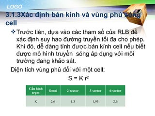 LOGO
3.1.3Xác định bán kính và vùng phủ sóng
cell
  Trước tiên, dựa vào các tham số của RLB để
   xác định suy hao đường truyền tối đa cho phép.
   Khi đó, dễ dàng tính được bán kính cell nếu biết
   được mô hình truyền sóng áp dụng với môi
   trường đang khảo sát.
 Diện tích vùng phủ đối với một cell:
                      S = K.r2
       Cấu hình
                  Omni   2-sector   3-sector   6-sector
        trạm

          K       2,6      1,3       1,95        2,6
 