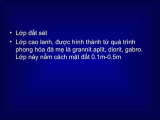• Lớp đất sét
• Lớp cao lanh, được hình thành từ quá trình
  phong hóa đá mẹ là grannit aplit, diorit, gabro.
  Lớp này nằm cách mặt đất 0.1m-0.5m
 