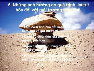 6. Những ảnh hưởng do quá trình laterit
    hóa đối với môi trường sinh thái


      • Làm cơ lí tính của đất kém, giữ ẩm
      kém, hút và giữ nước yếu
      • Càng có điều kiện rữa trôi, xói
      mòn mạnh hơn
      • Ngèo chất dinh dưỡng cho động
      vật và vi sinh vật
      • Khi xuất hiện đá ong thì sinh hóa
      môi trường giảm đi nhanh chóng
 