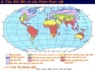 d. Các đới đất và các thảm thực vật




    Băng tuyết            Đất đen thảo nguyên, đồng cỏ núi cao   Đất xám hoang mạc, bán HM
    Đất đài nguyên        Đất nâu rừng, cây bụi lá cứng          Đất đỏ, nâu đỏ xa van
    Đất pốt dôn           Đất đỏ, vàng cận nhiệt                 Đất đỏ vàng(feralit), đen
    Đất nâu, xám rừng lá rộng ôn đới                             nhiệt đới

      Có 10 nhóm đất .
 
