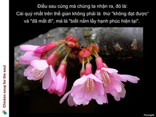 Điều sau cùng mà chúng ta nhận ra, đó là: Cái quý nhất trên thế gian không phải là  thứ "không đạt được“ và "đã mất đi", mà là "biết nắm lấy hạnh phúc hiện tại".  