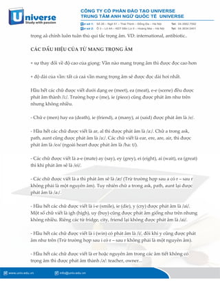 trọng aâ chính luôn tuân thủ qui tắc trọng âm. VD: international, antibiotic..
CÁC DẤU HIỆU CỦA TỪ MANG TRỌNG ÂM
+ sự thay đổi về độ cao của giọng: Vần nào mang trọng âm thì được đọc cao hơn
+ độ dài của vần: tất cả caá vần mang trọng âm sẽ được đọc dài hơi nhất.
Hầu hết các chữ được viết dưới dạng ee (meet), ea (meat), e-e (scene) đều được
phát âm thành /i:/. Trường hợp e (me), ie (piece) cũng được phát âm như trên
nhưng không nhiều.
- Chữ e (men) hay ea (death), ie (friend), a (many), ai (said) được phát âm là /e/.
- Hầu hết các chữ được viết là ar, al thì được phát âm là /a:/. Chữ a trong ask,
path, aunt cũng được phát âm là /a:/. Các chữ viết là ear, ere, are, air, thì được
phát âm là /eə/ (ngoài heart được phát âm là /ha: t/).
- Các chữ được viết là a-e (mate) ay (say), ey (grey), ei (eight), ai (wait), ea (great)
thì khi phát âm sẽ là /ei/.
- Các chữ được viết là a thì phát âm sẽ là /æ/ (Trừ trường hợp sau a có r – sau r
không phải là một nguyên âm). Tuy nhiên chữ a trong ask, path, aunt lại được
phát âm là /a:/.
- Hầu hết các chữ được viết là i-e (smile), ie (die), y (cry) được phát âm là /ai/.
Một số chữ viết là igh (high), uy (buy) cũng được phát âm giống như trên nhưng
không nhiều. Riêng các từ fridge, city, friend lại không được phát âm là /ai/.
- Hầu hết các chữ được viết là i (win) có phát âm là /i/, đôi khi y cũng được phát
âm như trên (Trừ trường hợp sau i có r – sau r không phải là một nguyên âm).
- Hầu hết các chữ được viết là er hoặc nguyên âm trong các âm tiết không có
trọng âm thì được phát âm thành /ə/: teacher, owner...
 