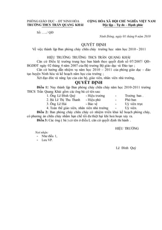 PHÒNG GIÁO DỤC – ĐT NINH HÒA
TRƯỜNG THCS TRẦN QUANG KHẢI
CỘNG HÒA XÃ HỘI CHỦ NGHĨA VIỆT NAM
Độc lập – Tự do – Hạnh phúc
Số: …../ QĐ
Ninh Đông, ngày 01 tháng 9 năm 2010
QUYẾT ĐỊNH
Về việc thành lập Ban phòng cháy chữa cháy trường học năm học 2010 - 2011
HIỆU TRƯỞNG TRƯỜNG THCS TRẦN QUANG KHẢI
Căn cứ Điều lệ trường trung học ban hành theo quyết định số 07/2007/ QĐ-
BGDĐT ngày 02 tháng 4 năm 2007 của Bộ trưởng Bộ giáo dục và Đào tạo ;
Căn cứ hướng dẫn nhiệm vụ năm học 2010 – 2011 của phòng giáo dục – đào
tạo huyện Ninh hòa và kế hoạch năm học của trường ;
Xét đạo đức và năng lực của càn bộ, giáo viên, nhân viên nhà trường,
QUYẾT ĐỊNH
Điều 1: Nay thành lập Ban phòng cháy chữa cháy năm học 2010-2011 trường
THCS Trần Quang Khải gồm các ông bà có tên sau:
1. Ông Lê Đình Quý - Hiệu trưởng - Trưởng ban .
2. Bà Lê Thị Thu Thanh - Hiệu phó - Phó ban
3. Ông Lê Hải - Bảo vệ - Uỷ viên trực
4. Toàn thể giáo viên, nhân viên nhà trường - Uỷ viên.
Điều 2: Ban phòng cháy chữa cháy có nhiệm triển khai kế hoạch phòng cháy,
có phương án chữa cháy nhằm hạn chế tối đa thiệt hại khi hoả hoạn xảy ra.
Điều 3: Các ông ( bà ) có tên ở điều I, căn cứ quyết định thi hành .
HIỆU TRƯỞNG
Nơi nhận:
- Như điều 1,
- Lưu VP.
Lê Đình Quý
 