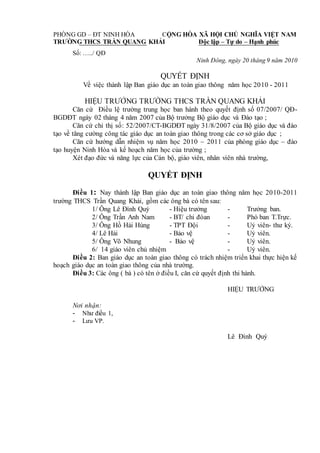 PHÒNG GD – ĐT NINH HÒA CỘNG HÒA XÃ HỘI CHỦ NGHĨA VIỆT NAM
TRƯỜNG THCS TRẦN QUANG KHẢI Độc lập – Tự do – Hạnh phúc
Số: …../ QĐ
Ninh Đông, ngày 20 tháng 9 năm 2010
QUYẾT ĐỊNH
Về việc thành lập Ban giáo dục an toàn giao thông năm học 2010 - 2011
HIỆU TRƯỞNG TRƯỜNG THCS TRẦN QUANG KHẢI
Căn cứ Điều lệ trường trung học ban hành theo quyết định số 07/2007/ QĐ-
BGDĐT ngày 02 tháng 4 năm 2007 của Bộ trưởng Bộ giáo dục và Đào tạo ;
Căn cứ chỉ thị số: 52/2007/CT-BGDĐT ngày 31/8/2007 của Bộ giáo dục và đào
tạo về tăng cường công tác giáo dục an toàn giao thông trong các cơ sở giáo dục ;
Căn cứ hướng dẫn nhiệm vụ năm học 2010 – 2011 của phòng giáo dục – đào
tạo huyện Ninh Hòa và kế hoạch năm học của trường ;
Xét đạo đức và năng lực của Cán bộ, giáo viên, nhân viên nhà trường,
QUYẾT ĐỊNH
Điều 1: Nay thành lập Ban giáo dục an toàn giao thông năm học 2010-2011
trường THCS Trần Quang Khải, gồm các ông bà có tên sau:
1/ Ông Lê Đình Quý - Hiệu trưởng - Trưởng ban.
2/ Ông Trần Anh Nam - BT/ chi đòan - Phó ban T.Trực.
3/ Ông Hồ Hải Hùng - TPT Đội - Uỷ viên- thư ký.
4/ Lê Hải - Bảo vệ - Uỷ viên.
5/ Ông Võ Nhung - Bảo vệ - Uỷ viên.
6/ 14 giáo viên chủ nhiệm - Uỷ viên.
Điều 2: Ban giáo dục an toàn giao thông có trách nhiệm triển khai thực hiện kế
hoạch giáo dục an toàn giao thông của nhà trường.
Điều 3: Các ông ( bà ) có tên ở điều I, căn cứ quyết định thi hành.
HIỆU TRƯỞNG
Nơi nhận:
- Như điều 1,
- Lưu VP.
Lê Đình Quý
 