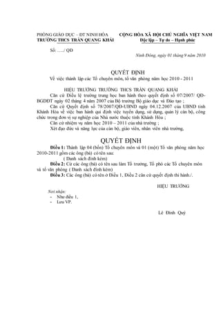 PHÒNG GIÁO DỤC – ĐT NINH HÒA
TRƯỜNG THCS TRẦN QUANG KHẢI
CỘNG HÒA XÃ HỘI CHỦ NGHĨA VIỆT NAM
Độc lập – Tự do – Hạnh phúc
Số: …../ QĐ
Ninh Đông, ngày 01 tháng 9 năm 2010
QUYẾT ĐỊNH
Về việc thành lập các Tổ chuyên môn, tổ văn phòng năm học 2010 - 2011
HIỆU TRƯỞNG TRƯỜNG THCS TRẦN QUANG KHẢI
Căn cứ Điều lệ trường trung học ban hành theo quyết định số 07/2007/ QĐ-
BGDĐT ngày 02 tháng 4 năm 2007 của Bộ trưởng Bộ giáo dục và Đào tạo ;
Căn cứ Quyết định số 78/2007/QĐ-UBND ngày 04.12.2007 của UBND tỉnh
Khánh Hòa về việc ban hành qui định việc tuyển dụng, sử dụng, quản lý cán bộ, công
chức trong đơn vị sự nghiệp của Nhà nước thuộc tỉnh Khánh Hòa ;
Căn cứ nhiệm vụ năm học 2010 – 2011 của nhà trường ;
Xét đạo đức và năng lực của càn bộ, giáo viên, nhân viên nhà trường,
QUYẾT ĐỊNH
Điều 1: Thành lập 04 (bốn) Tổ chuyên môn và 01 (một) Tổ văn phòng năm học
2010-2011 gồm các ông (bà) có tên sau:
( Danh sách đính kèm)
Điều 2: Cử các ông (bà) có tên sau làm Tổ trưởng, Tổ phó các Tổ chuyên môn
và tổ văn phòng ( Danh sách đính kèm)
Điều 3: Các ông (bà) có tên ở Điều 1, Điều 2 căn cứ quyết định thi hành./.
HIỆU TRƯỞNG
Nơi nhận:
- Như điều 1,
- Lưu VP.
Lê Đình Quý
 