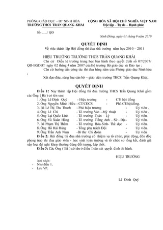PHÒNG GIÁO DỤC – ĐT NINH HÒA
TRƯỜNG THCS TRẦN QUANG KHẢI
CỘNG HÒA XÃ HỘI CHỦ NGHĨA VIỆT NAM
Độc lập – Tự do – Hạnh phúc
Số: …../ QĐ
Ninh Đông, ngày 01 tháng 9 năm 2010
QUYẾT ĐỊNH
Về việc thành lập Hội đồng thi đua nhà trường năm học 2010 – 2011
HIỆU TRƯỞNG TRƯỜNG THCS TRẦN QUANG KHẢI
Căn cứ Điều lệ trường trung học ban hành theo quyết định số 07/2007/
QĐ-BGDĐT ngày 02 tháng 4 năm 2007 của Bộ trưởng Bộ giáo dục và Đào tạo ;
Căn cứ hướng dẫn công tác thi đua hàng năm của Phòng giáo dục Ninh hòa
;
Xét đạo đức, năng lực cán bộ – giáo viên trường THCS Trần Quang Khải,
QUYẾT ĐỊNH
Điều 1: Nay thành lập Hội đồng thi đua trường THCS Trần Quang Khải gồm
các Ông ( Bà ) có tên sau:
1. Ông Lê Đình Quý - Hiệu trưởng - CT/ hội đồng
2. Ông Nguyễn Minh Hiếu - CT/CĐCS - Phó CT/hộiđồng.
3. Bà Lê Thị Thu Thanh - Phó hiệu trưởng - Uỷ viên .
4. Ông Lê Chí - Tổ trưởng Văn –Mỹ thuật - Uỷ viên .
5. Ông Lại Quốc Linh - Tổ trưởng Toán – Lý - Uỷ viên.
6. Ông Võ Xuân Hồng - Tổ trưởng Tiếng Anh – Sử - Địa- Uỷ viên.
7. Bà Phạm Thị Thêm - Tổ trưởng Hóa-Sinh- Thể dục - Uỷ viên.
8. Ông Hồ Hải Hùng - Tổng phụ trách Đội - Uỷ viên.
9. Ông Trần Anh Nam -Bí thư Chi đoàn - Uỷ viên
Điều 2: Hội đồng thi đua nhà trường có nhiệm vụ tổ chức, phát động, đôn đốc
phong trào thi đua giáo viên - học sinh toàn trường và tổ chức sơ tổng kết, đánh giá
xếp loại đề nghị khen thưởng đúng đối tượng, kịp thời.
Điều 3: Các Ông ( Bà ) có tên ở điều I căn cứ quyết định thi hành.
HIỆU TRƯỞNG
Nơi nhận:
- Như điều 1,
- Lưu VP.
Lê Đình Quý
 