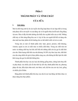 Phần 1
THÀNH PHẦN VÀ TÍNH CHẤT
CỦA SỮA
I. Giới thiệu:
Sữa là chất lỏng sinh lý do các tuyến sữa tổng hợp được từ các hợp chất có trong
máu,được tiết ra từ tuyến vú của động vật và là nguồn thức ăn để nuôi sống động
vật non. Sữa có đầy đủ dinh dưỡng cần thiết cho sự phát triển của cơ thể. Những
chất này có khả năng đồng hóa cao vì vậy từ lâu con người đã biết sử dụng sữa
như một loại thực phẩm rất bổ dưỡng cho cơ thể nhất là đối với trẻ sơ sinh.
Trong sữa có một số thành phần như: lipit, gluxit, protein, chất khoáng,
vitamin, ngoài ra còn có chất màu và nhiều chất khác. Trong các chất trên trừ
nước và những chất bay hơi khi chế biến thì những chất còn lại gọi là chất khô
của sữa. Hàm lượng chất khô của sữa khoảng 10-20% tùy theo loại sữa, chất khô
của sữa càng nhiều thì giá trị thực phẩm càng cao, nếu không kể đến lipit thì chất
khô trong sữa gọi là chất khô không béo.
Thành phần hóa học của các loại sữa không giống nhau, chúng luôn thay đổi
và phụ thuộc vào nhiều yếu tố như thời kỳ tiết sữa, thành phần thức ăn, phương
pháp vắt sữa, điều kiện chăn nuôi, sức khỏe, tuổi, độ lớn của con vật, loài, giống
và nhiều yếu tố khác.
Bảng phân tích thành phần hóa học của sữa từ các loại động vật khác nhau và
được dùng làm thực phẩm.
 