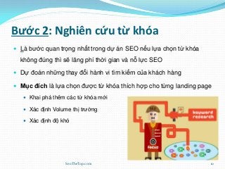 Bước 2: Nghiên cứu từ khóa
 Là bước quan trọng nhất trong dự án SEO nếu lựa chọn từ khóa
không đúng thì sẽ lãng phí thời gian và nỗ lực SEO
 Dự đoán những thay đổi hành vi tìm kiếm của khách hàng
 Mục đích là lựa chọn được từ khóa thích hợp cho từng landing page
 Khai phá thêm các từ khóa mới
 Xác định Volume thị trường
 Xác định độ khó
SeoTheTop.com 10
 