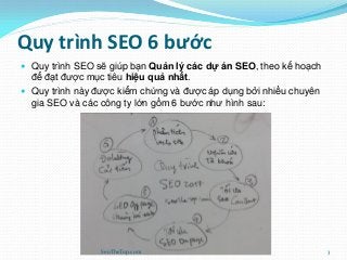 Quy trình SEO 6 bước
 Quy trình SEO sẽ giúp bạn Quản lý các dự án SEO, theo kế hoạch
để đạt được mục tiêu hiệu quả nhất.
 Quy trình này được kiểm chứng và được áp dụng bởi nhiều chuyên
gia SEO và các công ty lớn gồm 6 bước như hình sau:
SeoTheTop.com 3
 