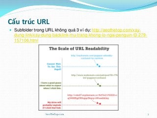 Cấu trúc URL
 Subfolder trong URL không quá 3 ví dụ: http://seothetop.com/xay-
dung-link/xay-dung-backlink-mu-trang-khong-lo-ngai-penguin-t3-279-
157106.html
SeoTheTop.com 7
 