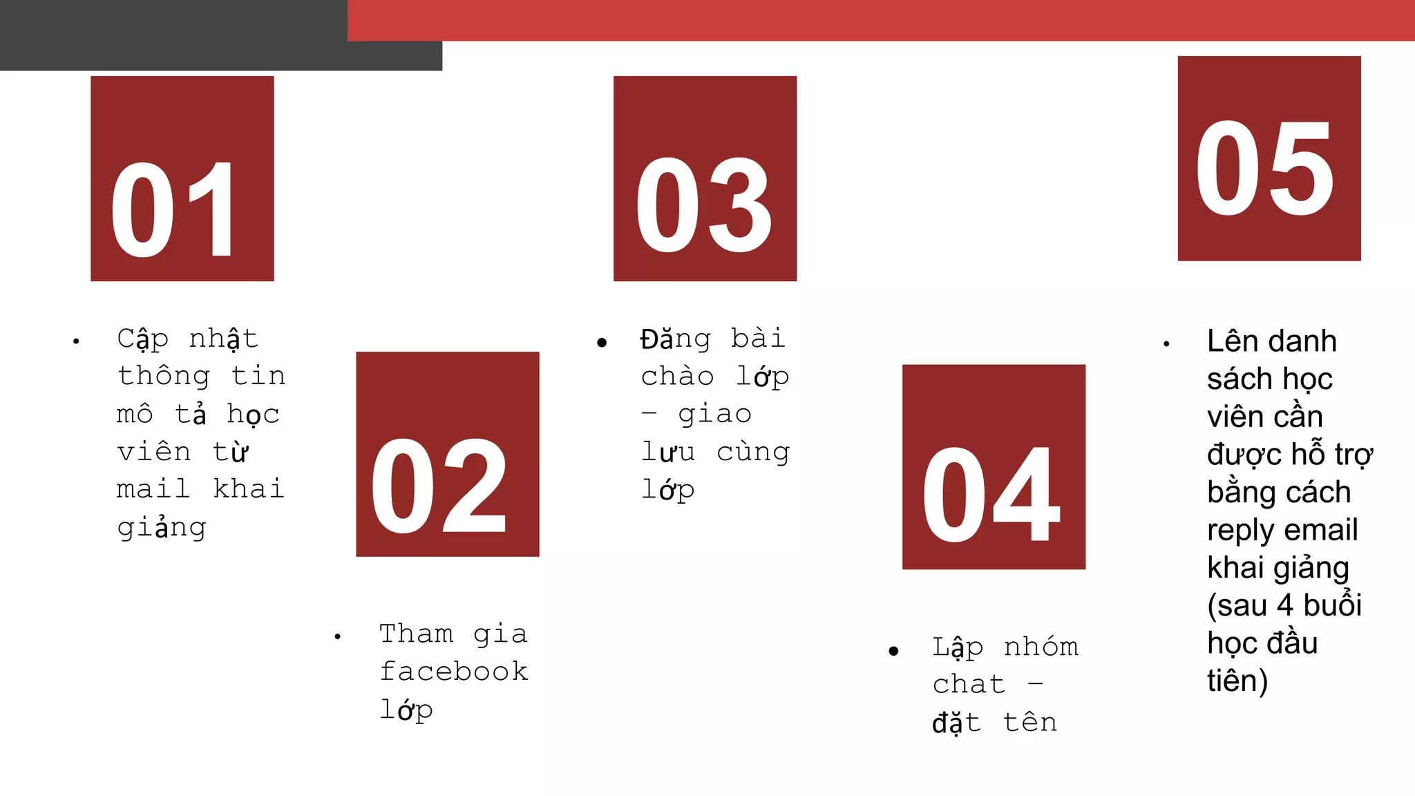 • Cập nhật
thông tin
mô tả học
viên từ
mail khai
giảng
• Tham gia
facebook
lớp
● Đăng bài
chào lớp
– giao
lưu cùng
lớp
● Lập nhóm
chat –
đặt tên
• Lên danh
sách học
viên cần
được hỗ trợ
bằng cách
reply email
khai giảng
(sau 4 buổi
học đầu
tiên)
02
05
04
03
01