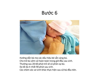 Bước 6
Hướng dẫn bà mẹ các dấu hiệu bé sẵn sàng bú.
Cho trẻ bú sớm và hoàn toàn trong giờ đầu sau sinh.
Thường sau 20-60 p...