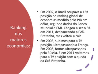 Ranking
das
maiores
economias:
• Em 2002, o Brasil ocupava a 13ª
posição no ranking global de
economias medido pelo PIB em
dólar, segundo dados do Banco
Mundial e FMI. Chegou a ser o 6º
em 2011, desbancando a Grã-
Bretanha, mas voltou a cair.
• Em 2003, subimos para a 7ª
posição, ultrapassando a França.
Em 2008, fomos ultrapassados
pela Rússia. E em 2011 voltamos
para a 7ª posição com a queda
da Grã-Bretanha.
 
