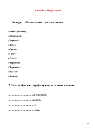 14
Станція «Літературна»
1.Конкурс «Мовознавство для допитливих»:
у Києві – (киянин);
у Кіровограді –
у Харкові -
у Львові –
у Сумах –
у Гадячі –
в Одесі –
у Чернівцях –
у Чернігові –
у Полтаві –
у Хитцях –
2.Скласти вірш на географічну тему за поданими римами.
…………………………….Батьківщина,
……………………………..родина.
………………………………я,
………………………………..моя.
 