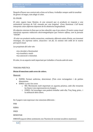 QUADERN DE VIATGE                              Anna Iniesta Ambròs / Expressió Plàstica
LÍNEA-COLOR                                                                         1K

Després d’haver-nos centrat més a fons en la línea, i treballar sempre amb la tonalitat
de grisos i el negra, vam afegir el color.

EL COLOR

El color, segons Isaac Newton, és una sensació que es produeix en resposta a una
estimulació nerviosa de l’ull, causada per una longitud d’ona lluminosa. L’ull humà
interpreta colors diferents depenent de les distàncies longitudinals.

Els objectes retornen la llum que no han absorbit, cap el seu entorn. El nostre camp visual
interpreta aquestes radiacions electromagnètiques que l’entorn reflexa, com la paraula
“COLOR”.

El color ens produeix moltes sensacions, sentiments, diferents estats d’ànim, ens transmet
missatges, ens expressa valors, situacions i de fet, no existeix més enllà de la nostra
percepció visual.

Les propietats del color són:

     La claredat o lluminositat
     La tonalitat o matís
     La saturació o intensitat.

El color, és un aspecte molt important per treballar a l’escola amb els nens



TERCERA PRÀCTICA

Dictat d’emocions amb ceres de colors.

Material:

       PAPER: Format uniforme, determinat. (Tots eren rectangulars i de petites
        dimensions.
       EINES: La mà i les ceres
           o MÀ: Moviments molt important en aquesta pràctica, amb ella tresarem
              les línees i ens expressarem en el paper.
           o CERES: Cal investigar com podem treballar amb ella; Traç llarg, prim... i
              la utilització dels colors.



En 5 papers vam expressar cinc emocions diferents :

POR

RÀBIA

FRED

BENESTAR

EMOCIÓ (aquest últim sentiments ens l’havíem de inventat nosaltres mateixos)

   12
 