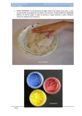 QUADERN DE VIATGE                          Anna Iniesta Ambròs / Expressió Plàstica
LÍNEA-COLOR                                                                     1K


     EINES PRIMERES: La mà (haurem de jugar amb la mà; plana, puny, dits...) amb
      la qual també aconseguirem les línees, i les texures. També podem fer reserves
      (Deixar un tall de paper a sobre la pintura, i seguir pintant a sobre. Després
      retirar-lo, obtenim una reserva.)




                                   AGLUTINANT




                                                   PIGMENTS

  14
 