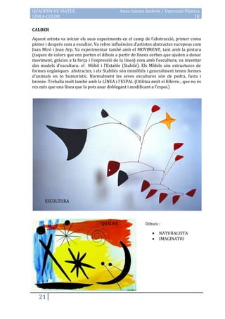 QUADERN DE VIATGE                             Anna Iniesta Ambròs / Expressió Plàstica
LÍNEA-COLOR                                                                        1K

CALDER

Aquest artista va iniciar els seus experiments en el camp de l’abstracció, primer coma
pintor i després com a escultor. Va rebre influències d’artistes abstractes europeus com
Joan Miró i Jean Arp. Va experimentar també amb el MOVIMENT, tant amb la pintura
(taques de colors que ens porten el dibuix a partir de línees corbes que ajuden a donar
moviment, gràcies a la força i l’expressió de la línea) com amb l’escultura; va inventar
dos models d’escultura: el Mòbil i l’Estable (Stabilé). Els Mòbils són estructures de
formes orgàniques abstractes, i els Stabilés són immòbils i generalment tenen formes
d’animals en to humorístic. Normalment les seves escultures són de pedra, fusta i
bronze. Treballa molt també amb la LÍNEA i l’ESPAI. (Utilitza molt el filferro , que no és
res més que una línea que la pots anar doblegant i modificant a l’espai.)




      ESCULTURA



                                    QUADRE                  Dibuix :

                                                                  NATURALISTA
                                                                  IMAGINATIU




   21
 